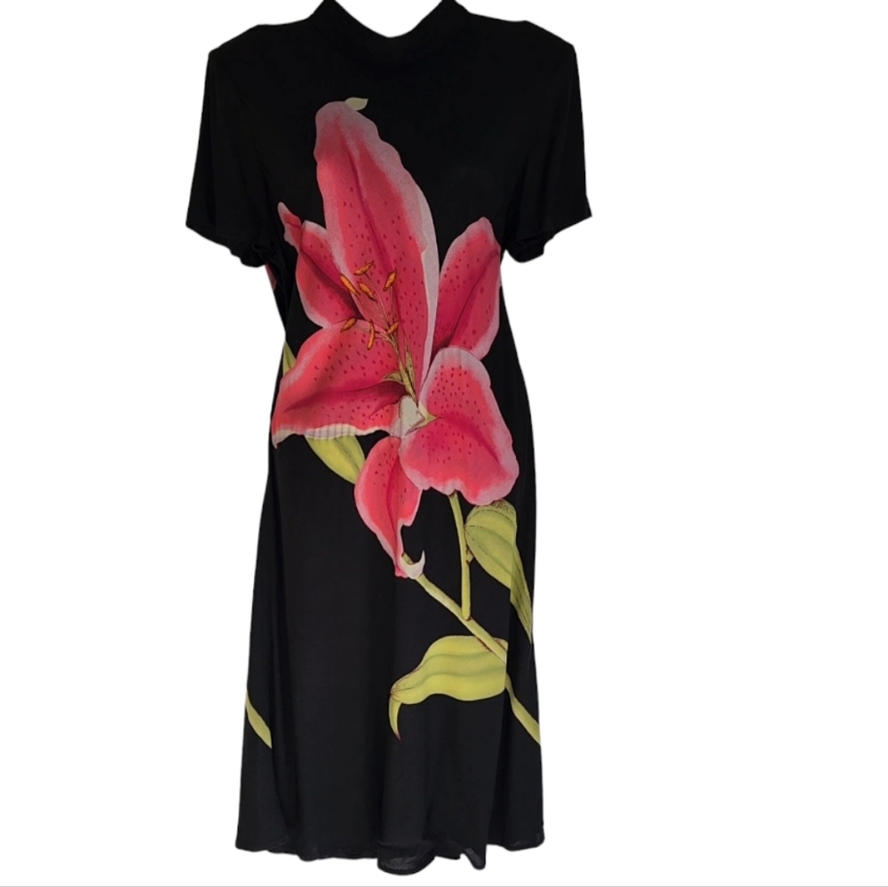 SAINT TROPEZ WEST Black Midi Asian Lilly  Print Dress Size 14